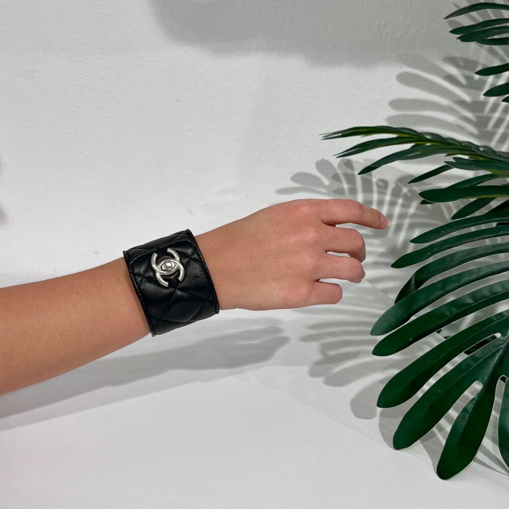 Chanel Black Quilted Cuff Bracelet w/ Silver CC Turnlock